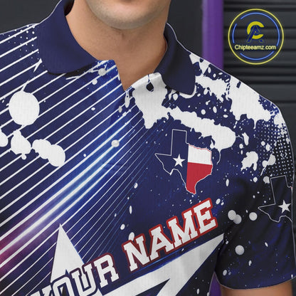 A close-up of a person wearing a navy and white custom printed polo shirt with a Texas flag motif, a Texas state silhouette, and the text 'YOUR NAME' on the front. A circular 'Chipteamz.
