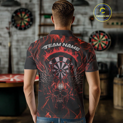 Custom Red Orange Flame Skull With Wings Dart Polo Shirt For Men, Halloween Dart Outfit IPHW10041
