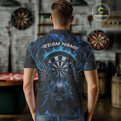 Custom Blue Flame Skull With Wings Dart Polo Shirt For Men, Halloween Dart Outfit IPHW10042