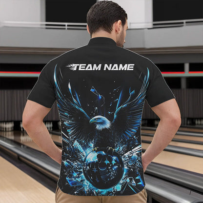 Black And Blue Eagle Break Glass Custom Bowling Quarter-Zip Shirts For Men, Bowling Team Shirt IPHW8396