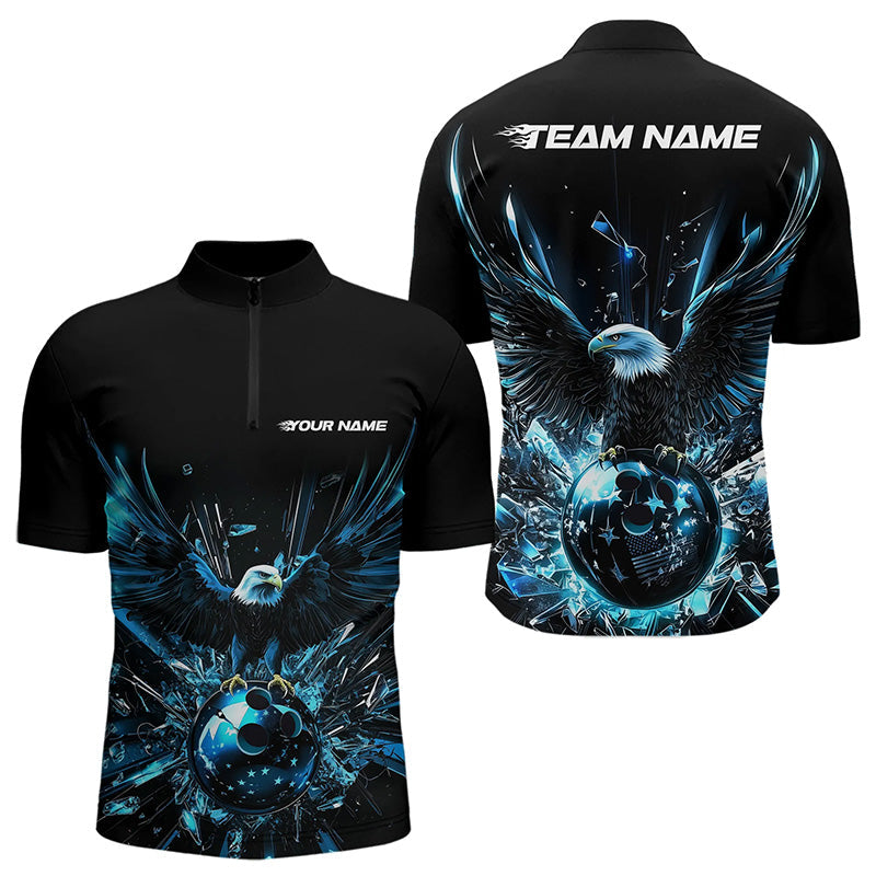 Black And Blue Eagle Break Glass Custom Bowling Quarter-Zip Shirts For Men, Bowling Team Shirt IPHW8396