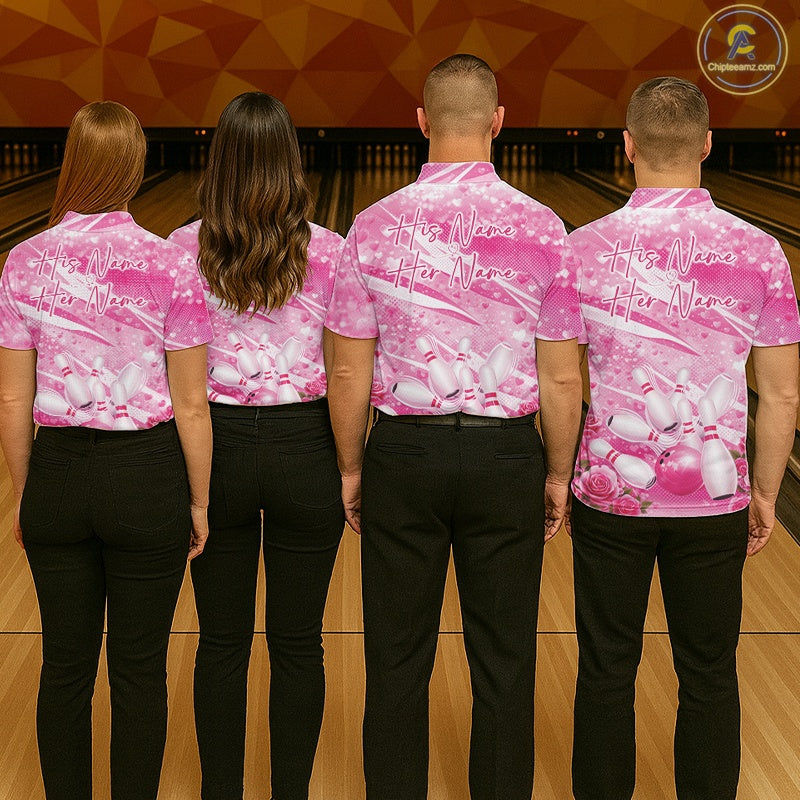 Custom Pink Heart Valentine Bowling Couples Shirt, Heart And Roses Bowling Husband And Wife Gifts With Name IPHW10516