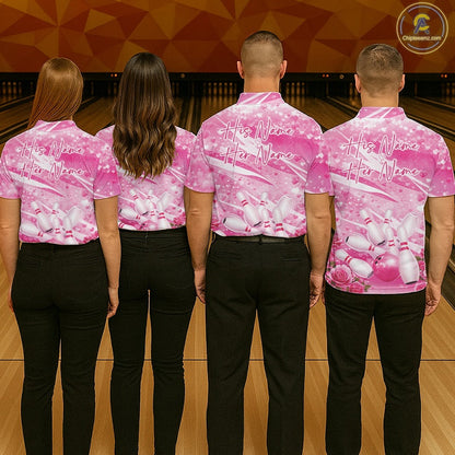 Custom Pink Heart Valentine Bowling Couples Shirt, Heart And Roses Bowling Husband And Wife Gifts With Name IPHW10516