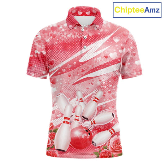 Custom Red Heart Valentine Bowling Couples Shirt, Heart And Roses Bowling Husband And Wife Gifts With Name IPHW10517