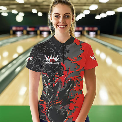 Custom Black And Red Flame Bowling Women Quarter-Zip Shirt, Bowling Tournament Team Uniform IPHW8616