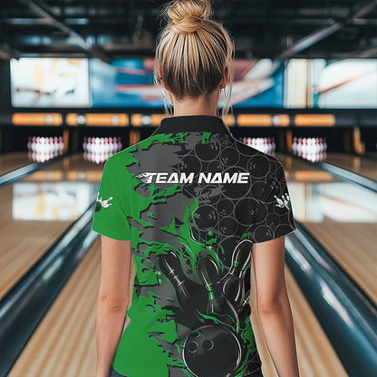Custom Black And Green Flame Bowling Womens Quarter-Zip Shirt, Bowling Tournament  Uniform IPHW8618