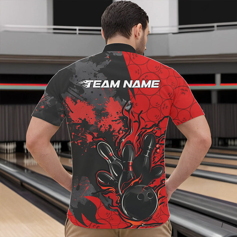 Custom Black And Red Splatter Camo Flame Bowling Quarter-Zip Shirts For Men, Bowling Team Uniform IPHW8625