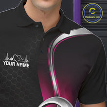 Load image into Gallery viewer, Custom Black And Pink Heart Bowling Men Polo Shirt, Hexagon Bowling Team Jerseys IPHW11309