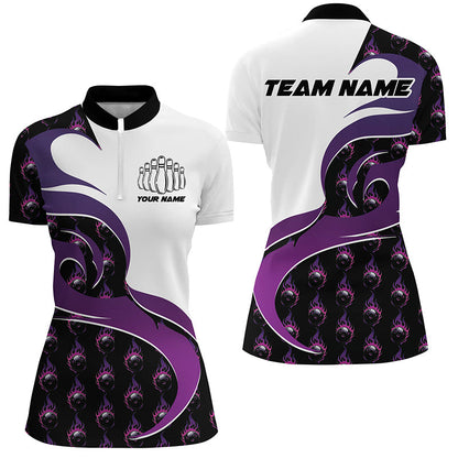 Customized Purple Flame Bowling Polo Shirts For Women, Bowling Team Shirts Outfit Bowling IPHW6972