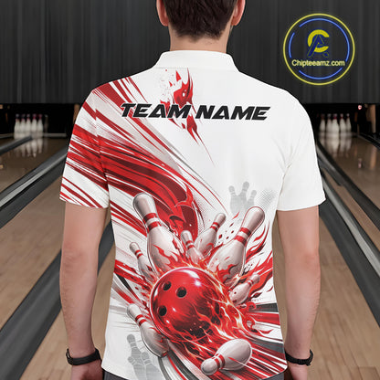 A man viewed from behind wearing a white short-sleeve bowling-themed polo shirt with a large red and white graphic of bowling pins, a bowling ball, and the text 'TEAM NAME' across the upper back. Bowling lanes are visible in the background, and a circular 'Chipteeanz.