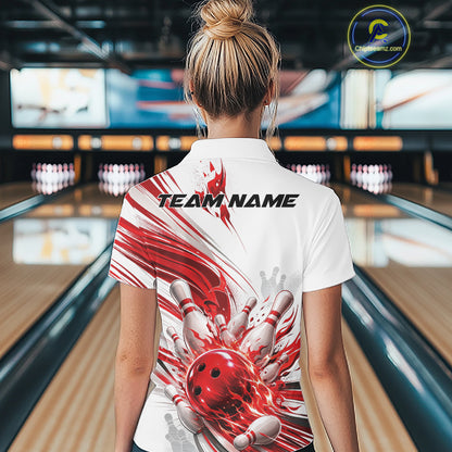 Custom White And Red Flame Bowling Team Jerseys, Bowling League Women Quarter-Zip Shirt IPHW11642