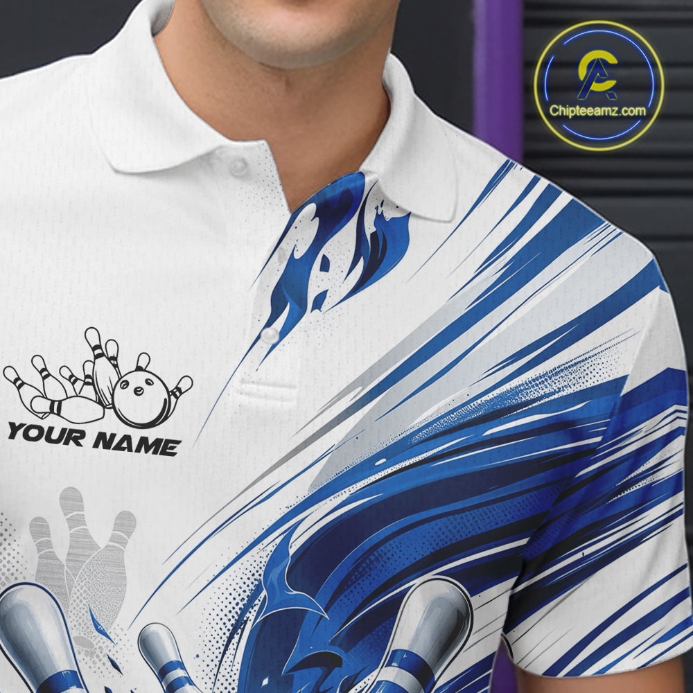 A close-up of a white short-sleeve polo shirt with blue and white abstract graphic patterns, bowling pins and balls illustration, and 'YOUR NAME' placeholder text on the chest. A circular 'Chipteamz.