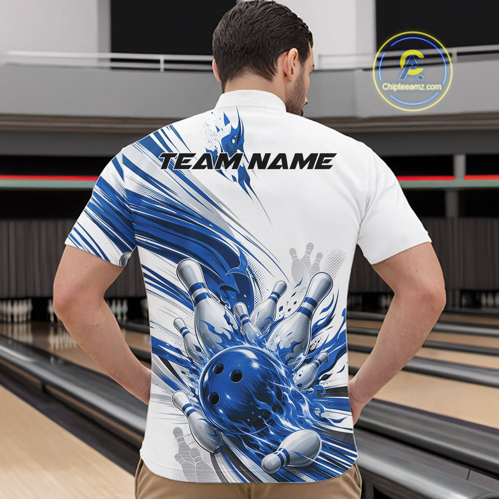 A man viewed from behind wearing a white short-sleeve bowling-themed polo shirt with a large blue and white graphic print of a bowling ball and pins, with 'TEAM NAME' printed across the back. The background shows a bowling alley interior.