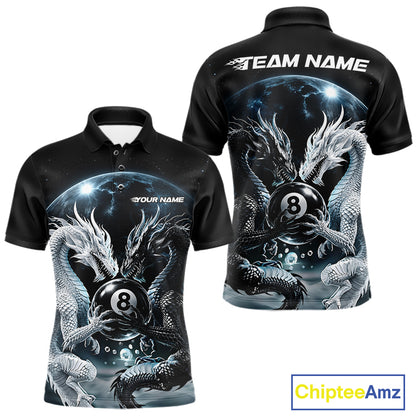 Front and back views of a black short-sleeve polo shirt with an all-over graphic print featuring two white dragons around an 8-ball over a space-themed background. The front shows 'YOUR NAME' and the back shows 'TEAM NAME' in white text.