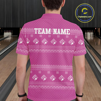 Custom Funny Santa Christmas Men Bowling Polo Shirts, Bright Magenta Xmas Team Outfit IPHW10144