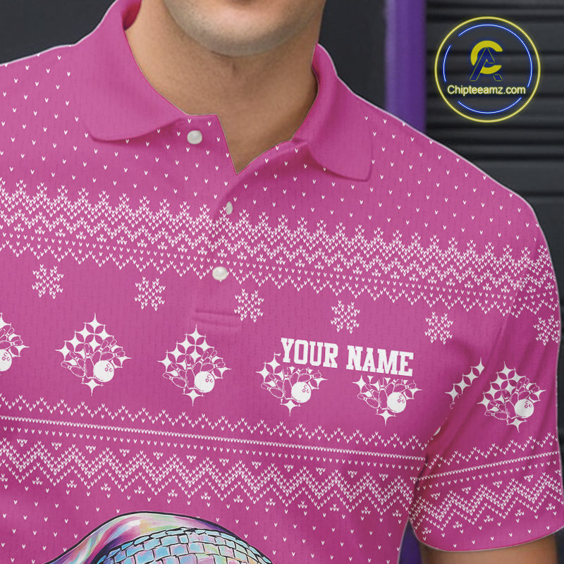 Custom Funny Santa Christmas Men Bowling Polo Shirts, Bright Magenta Xmas Team Outfit IPHW10144