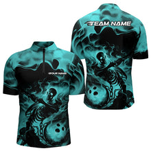Load image into Gallery viewer, Black And Blue Flame Custom Skeleton Bowling Quarter-Zip Shirt For Men, Skull Bowling League Shirt IPHW8409