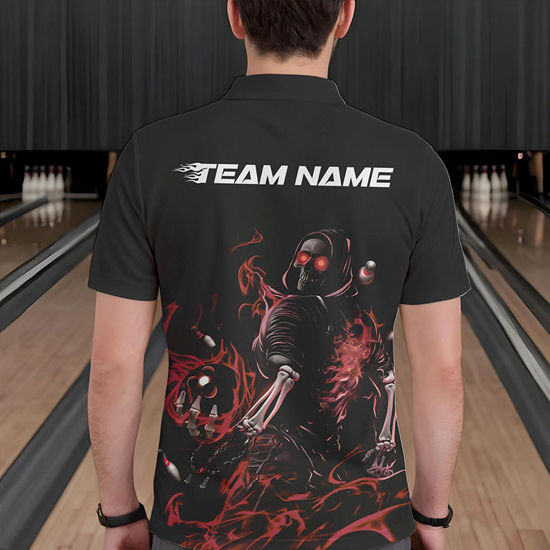 Custom Black And Red Flame Skeleton Bowling Polo Shirts For Men, Skull Bowling Jerseys IPHW8414