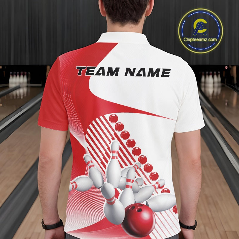 Back view of a male model in a bowling venue wearing a white and red polo shirt, showcasing wavy geometric stripes and dynamic bowling action design.