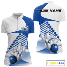 Load image into Gallery viewer, Custom White And Blue Bowling Ball And Pins Women Quarter-Zip Shirt, Bowling Team Jersey IPHW11319