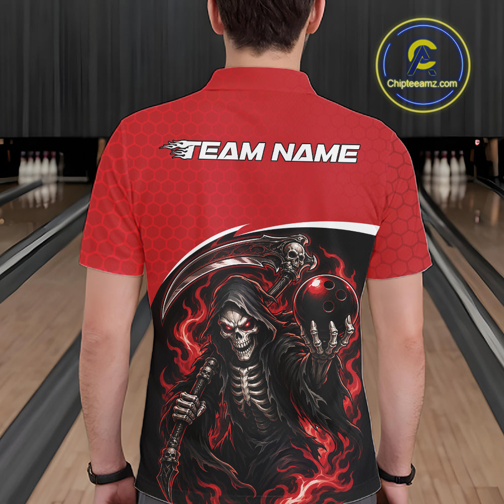 A man viewed from behind wearing a red short-sleeve bowling shirt with a large black and red grim reaper graphic on the back, holding a bowling ball. 