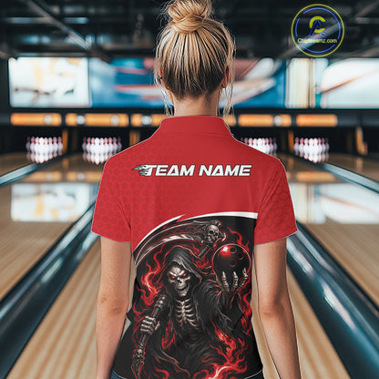 A woman viewed from behind wearing a red short-sleeve bowling shirt with a large black and red grim reaper graphic on the back and 'TEAM NAME' printed in white across the shoulders.