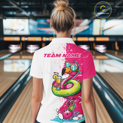 Custom Funny Flamingo Bowling Women Polo Shirt, Flamingo Bowling Tourmanent Shirt IPHW10266