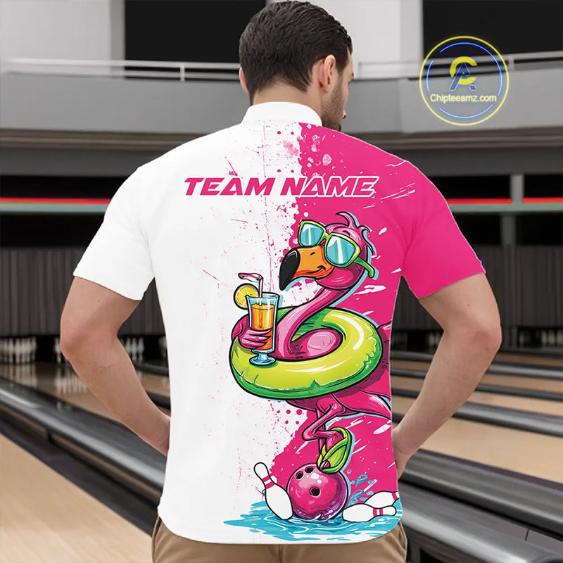 Custom Funny Flamingo Bowling Men Quarter-Zip Shirt, Flamingo Bowling Tourmanent Shirt IPHW10266