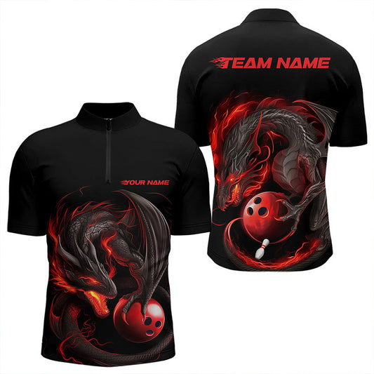 Custom Black And Red Dragon Bowling Quarter-Zip Shirts For Men, Dragon Bowling Tournament Team Shirt IPHW8418