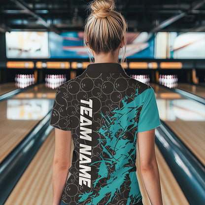Black And Blue Custom Bowling Tournament Polo Shirts For Women, Bowling Pattern Team Jerseys IPHW8420
