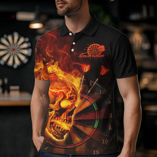 Custom Black And Orange Flame Skull Dart Polo Shirts For Men, Fire Dart Team Shirts IPHW8431