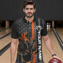 Load image into Gallery viewer, Orange Line American Flag Custom Patriotic Flame Bowling Polo Shirts For Men, US Bowling Shirt IPHW8635