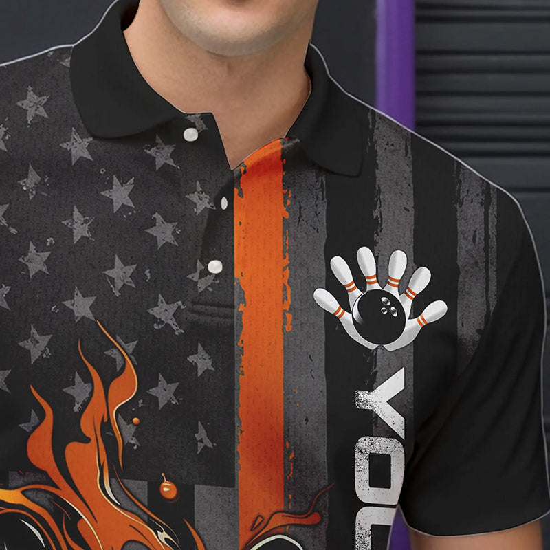Orange Line American Flag Custom Patriotic Flame Bowling Polo Shirts For Men, US Bowling Shirt IPHW8635