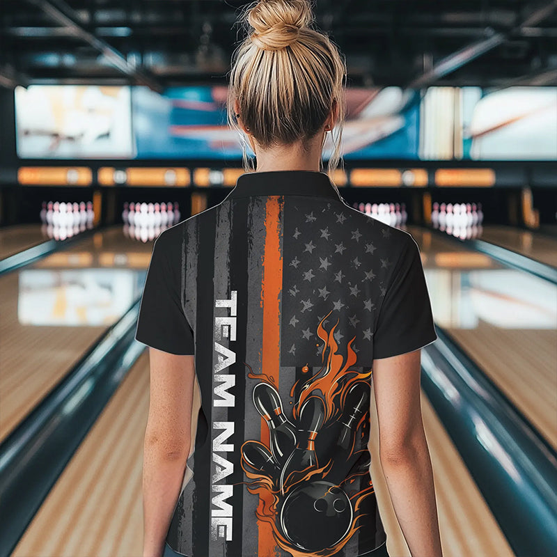 Orange Line American Flag Custom Patriotic Flame Women Bowling Polo Shirt, US Bowling Shirt IPHW8635