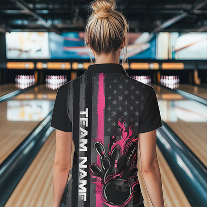 Pink Line American Flag Custom Patriotic Flame Womens Bowling Polo Shirt, US Bowling Shirt IPHW8637