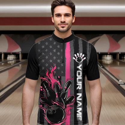 Pink Line American Flag Custom Patriotic Flame Bowling Quarter-Zip Shirts For Men, US Bowling Shirt IPHW8637