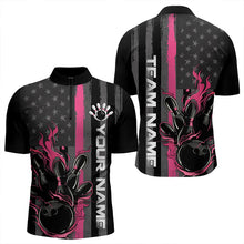 Load image into Gallery viewer, Pink Line American Flag Custom Patriotic Flame Bowling Quarter-Zip Shirts For Men, US Bowling Shirt IPHW8637