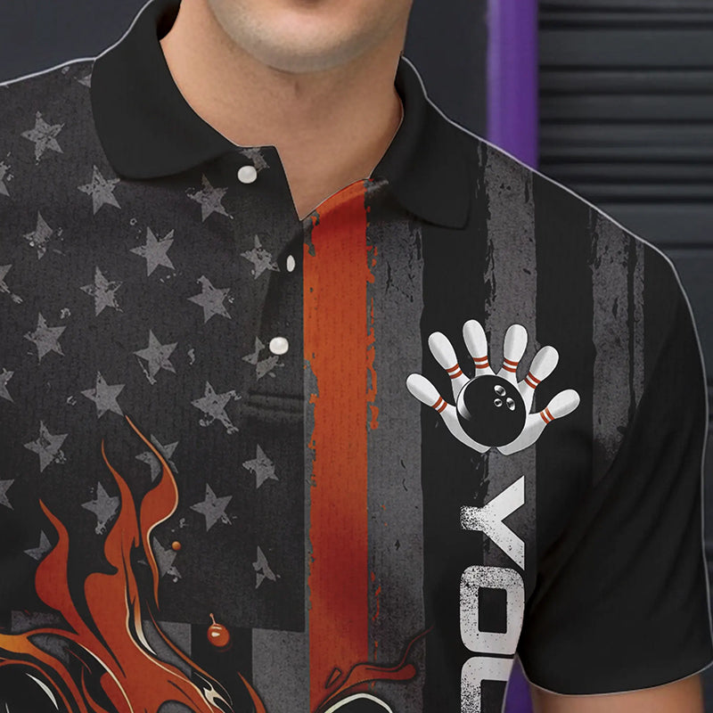 Brown Line American Flag Custom Patriotic Flame Bowling Polo Shirts For Men, US Bowling Shirt IPHW8638