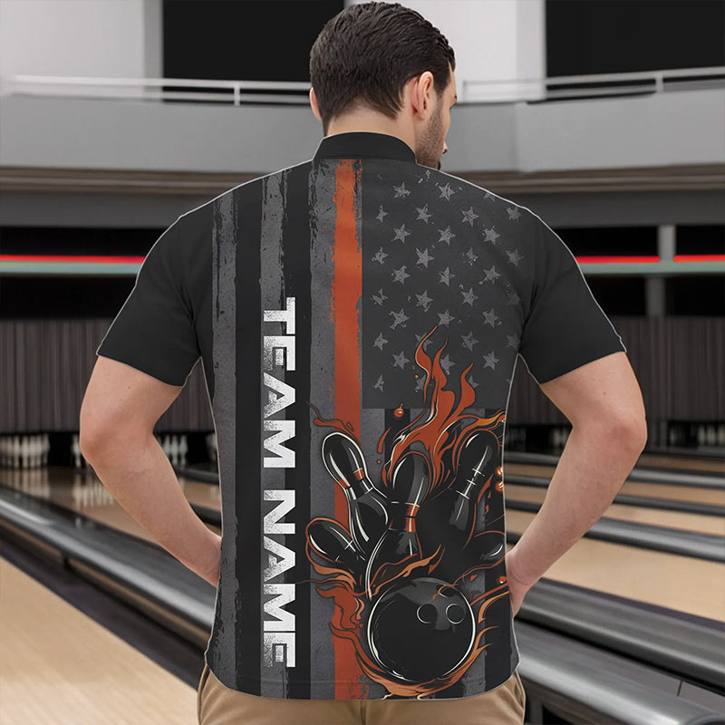 Brown Line American Flag Custom Patriotic Flame Bowling Quarter-Zip Shirts For Men, US Bowling Shirt IPHW8638