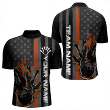 Load image into Gallery viewer, Brown Line American Flag Custom Patriotic Flame Bowling Quarter-Zip Shirts For Men, US Bowling Shirt IPHW8638