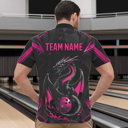 Custom Black And Pink Dragon Bowling Quarter-Zip Shirts For Men, Dragon Bowling Team Uniform IPHW8640