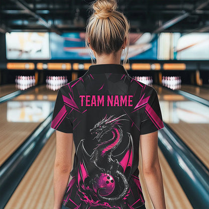 Custom Black And Pink Dragon Bowling Womens Quarter-Zip Shirts, Dragon Bowling Uniform IPHW8640