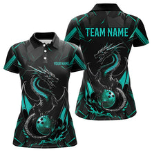 Load image into Gallery viewer, Custom Black And Turquoise Blue Dragon Bowling Polo Shirts For Women, Bowling Team Uniform IPHW8642