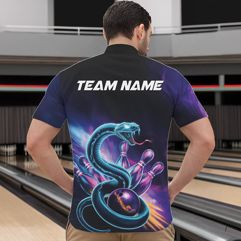 Custom Blue And Purple Galaxy Snake Bowling Quarter-Zip Shirts For Men, Bowling League Team Uniform IPHW8646
