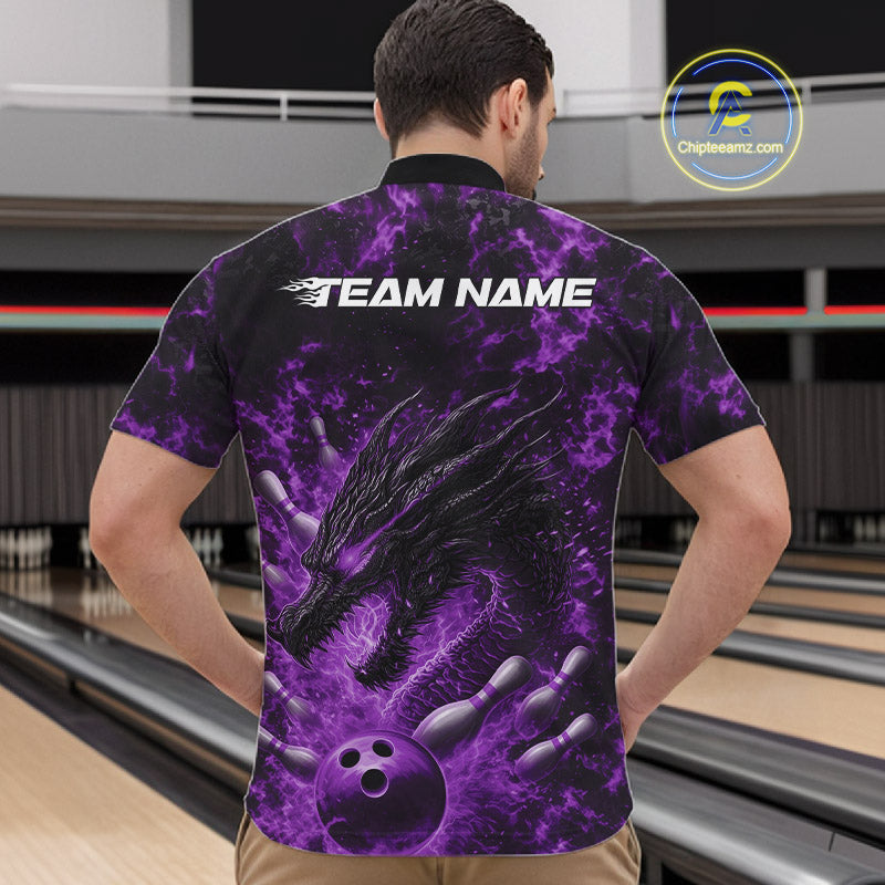 Custom Black And Purple Flame Dragon Bowling Men Quarter-Zip Shirt, Dragon Bowling League Shirt IPHW10278