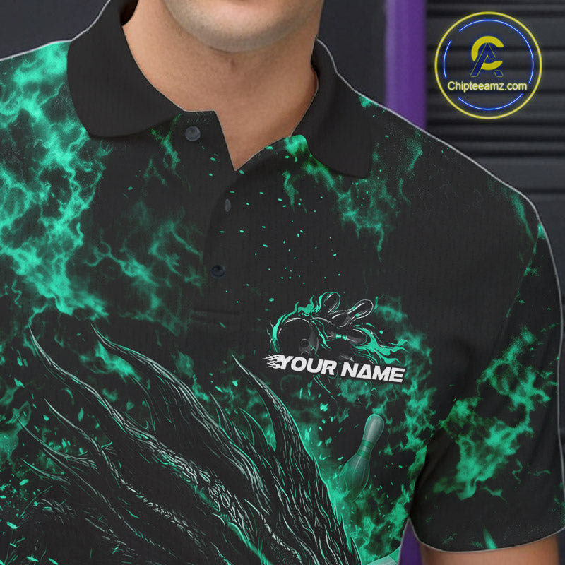 Custom Black And Green Flame Dragon Bowling Men Polo Shirt, Dragon Bowling League Shirt IPHW10280