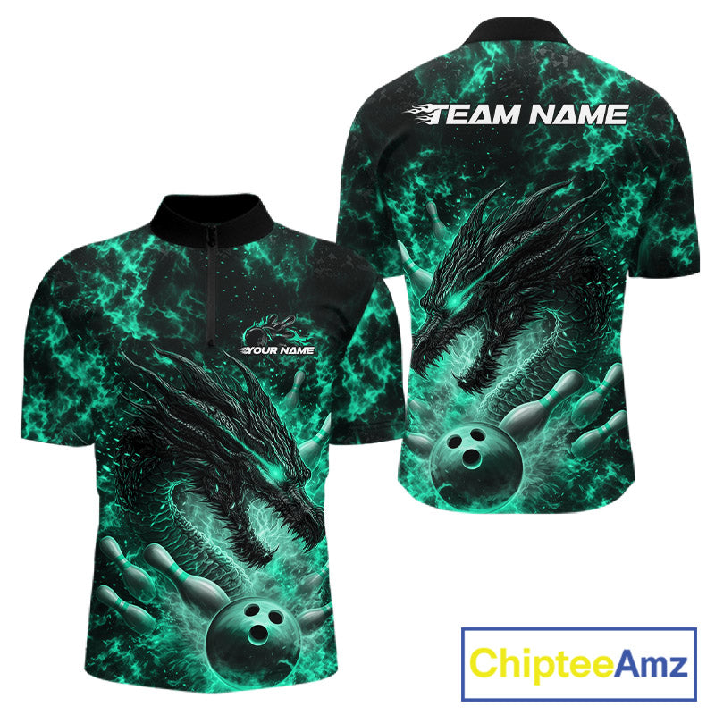 Custom Black And Green Flame Dragon Bowling Men Quarter-Zip Shirt, Dragon Bowling League Shirt IPHW10280