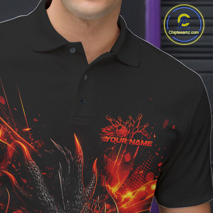 Custom Red Fire Flame Dragon Bowling Jerseys. Dragon Bowling Men Polo Shirt IPHW10281