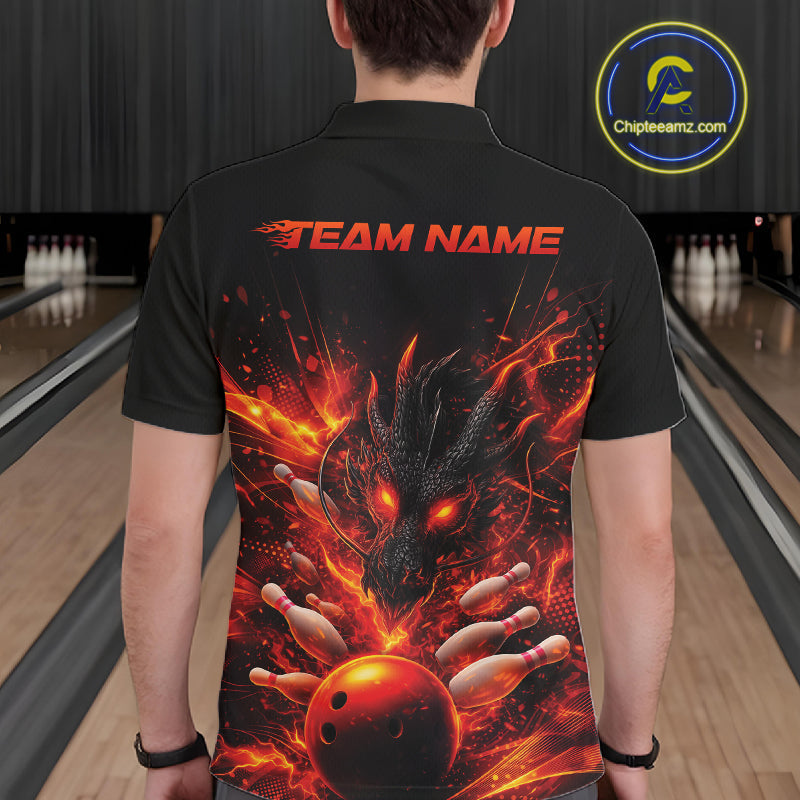 Custom Red Fire Flame Dragon Bowling Jerseys. Dragon Bowling Men Polo Shirt IPHW10281