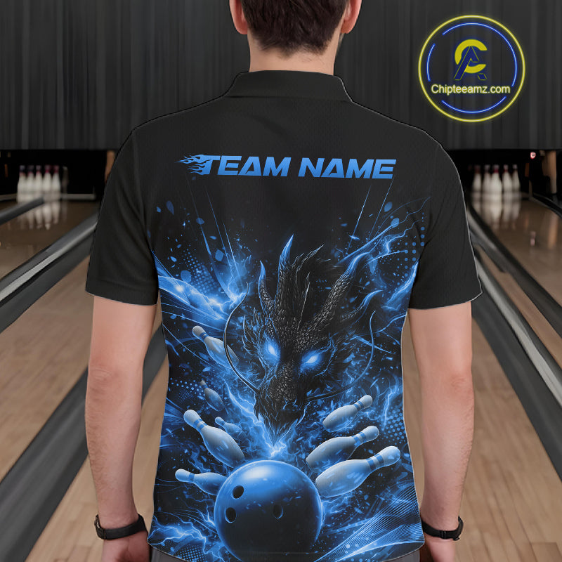 Custom Blue Fire Flame Dragon Bowling Jerseys. Dragon Bowling Men Polo Shirt IPHW10282